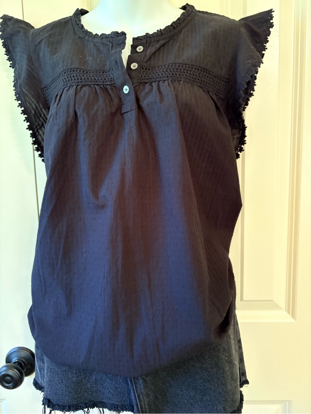J. Crew Black Eyelet Cap-Sleeve Peasant Top, size 2X